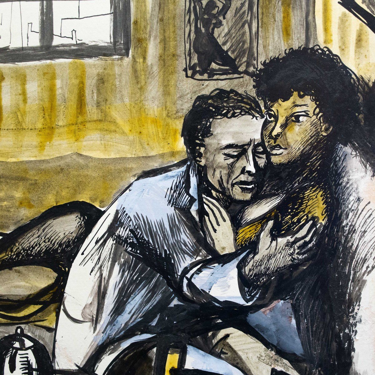 Renato Guttuso, "amanti," Gouache On Canvas-backed Paper, Signed, 1960-photo-5