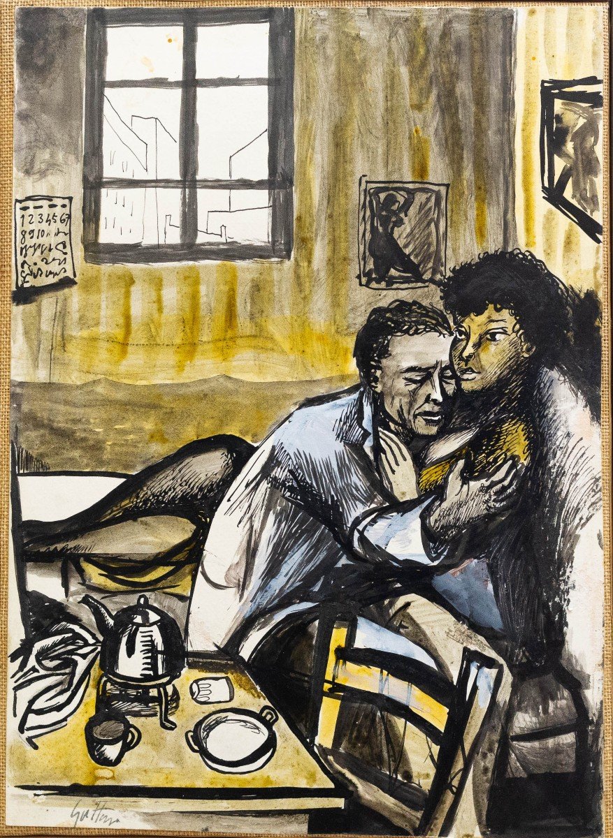 Renato Guttuso, "amanti," Gouache On Canvas-backed Paper, Signed, 1960