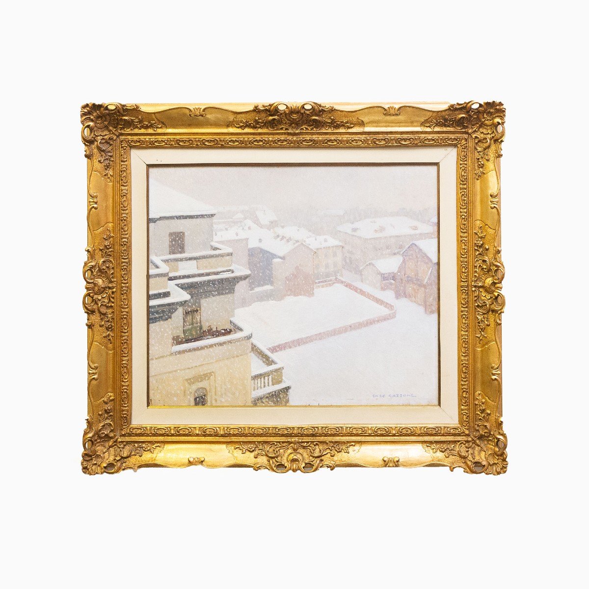 Enzo Gazzone, "snowfall In Vercelli," Oil On Panel, 1900s Era-photo-2