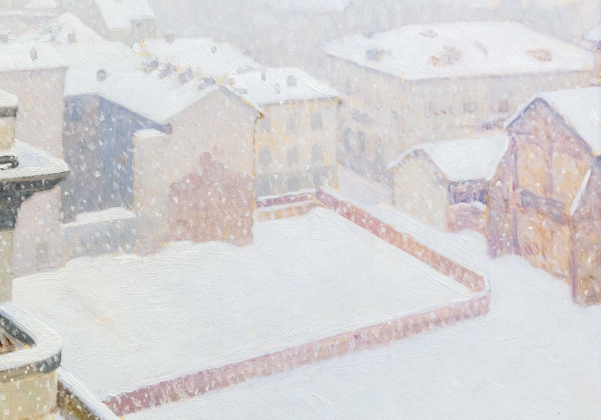 Enzo Gazzone, "snowfall In Vercelli," Oil On Panel, 1900s Era-photo-7