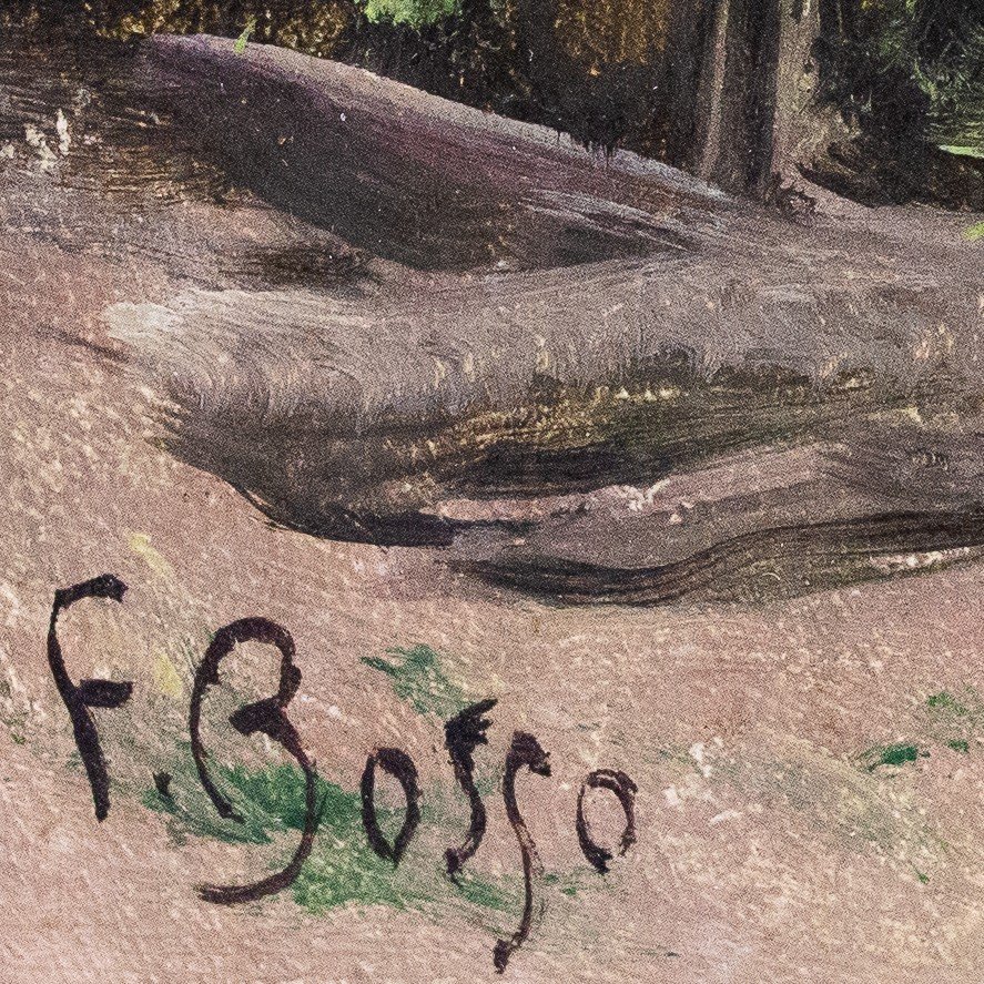 Francesco Bosso, Oil On Cardboard, Signed, "in The Garden," 1917-photo-2