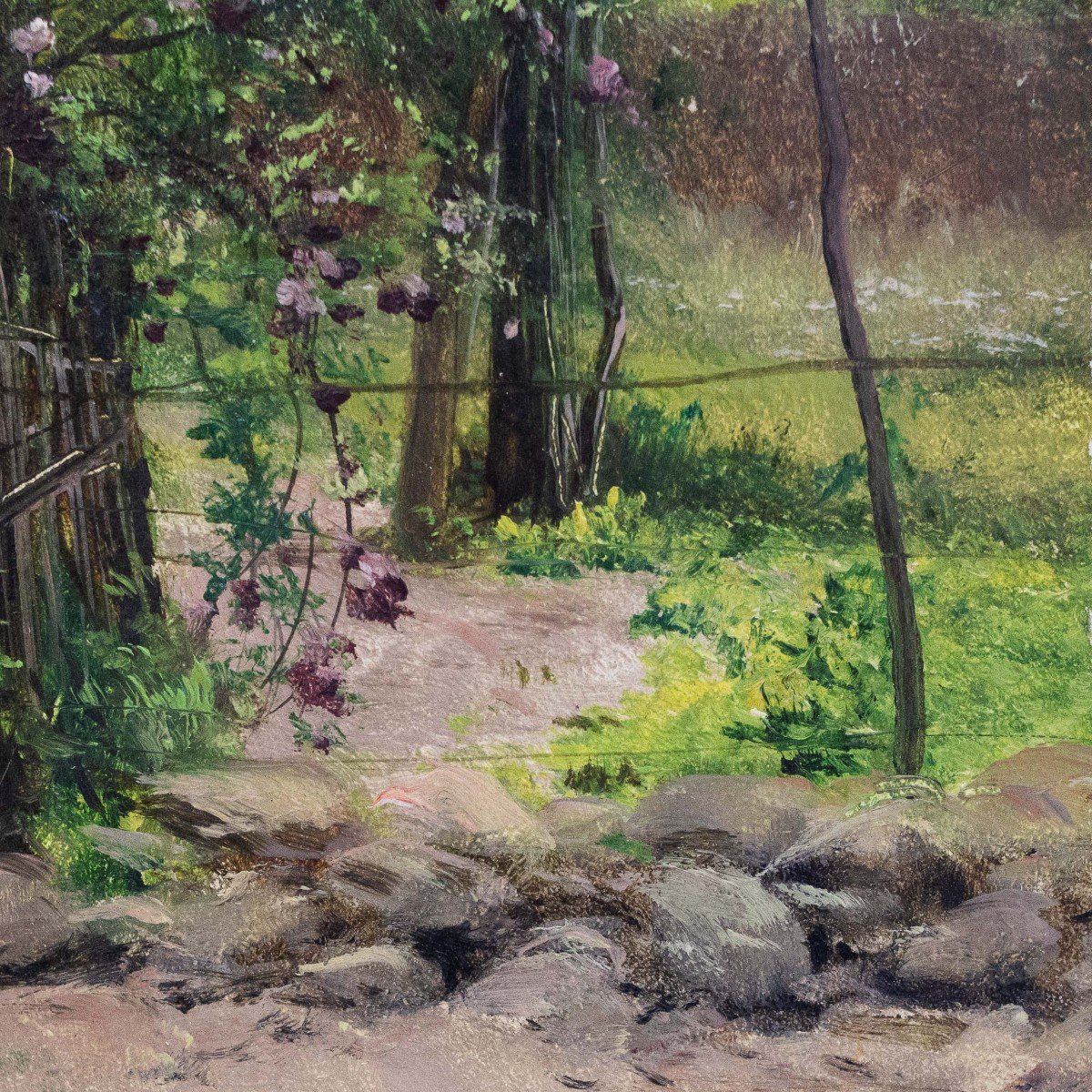 Francesco Bosso, Oil On Cardboard, Signed, "in The Garden," 1917-photo-5