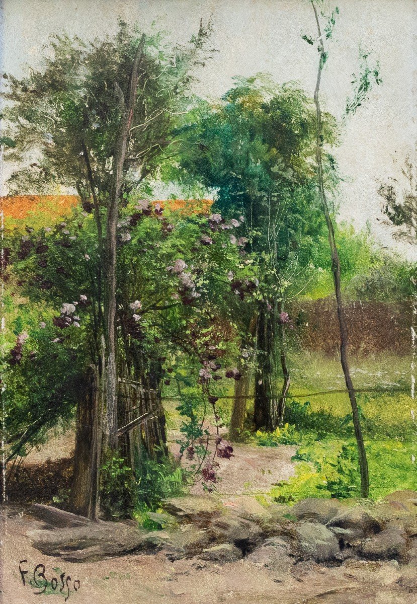 Francesco Bosso, Oil On Cardboard, Signed, "in The Garden," 1917