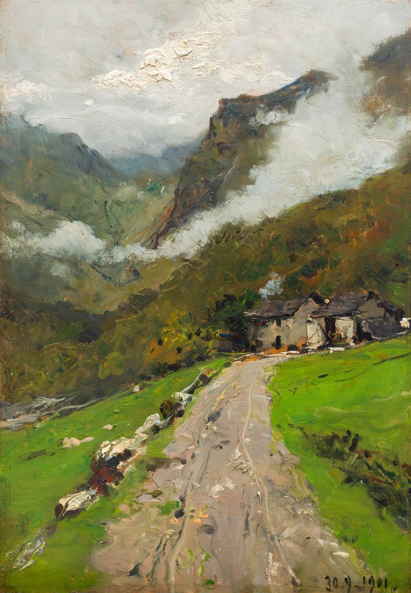 Lorenzo Delleani, "frazione Alpina - Oropa", Huile Sur Panneau, 1901