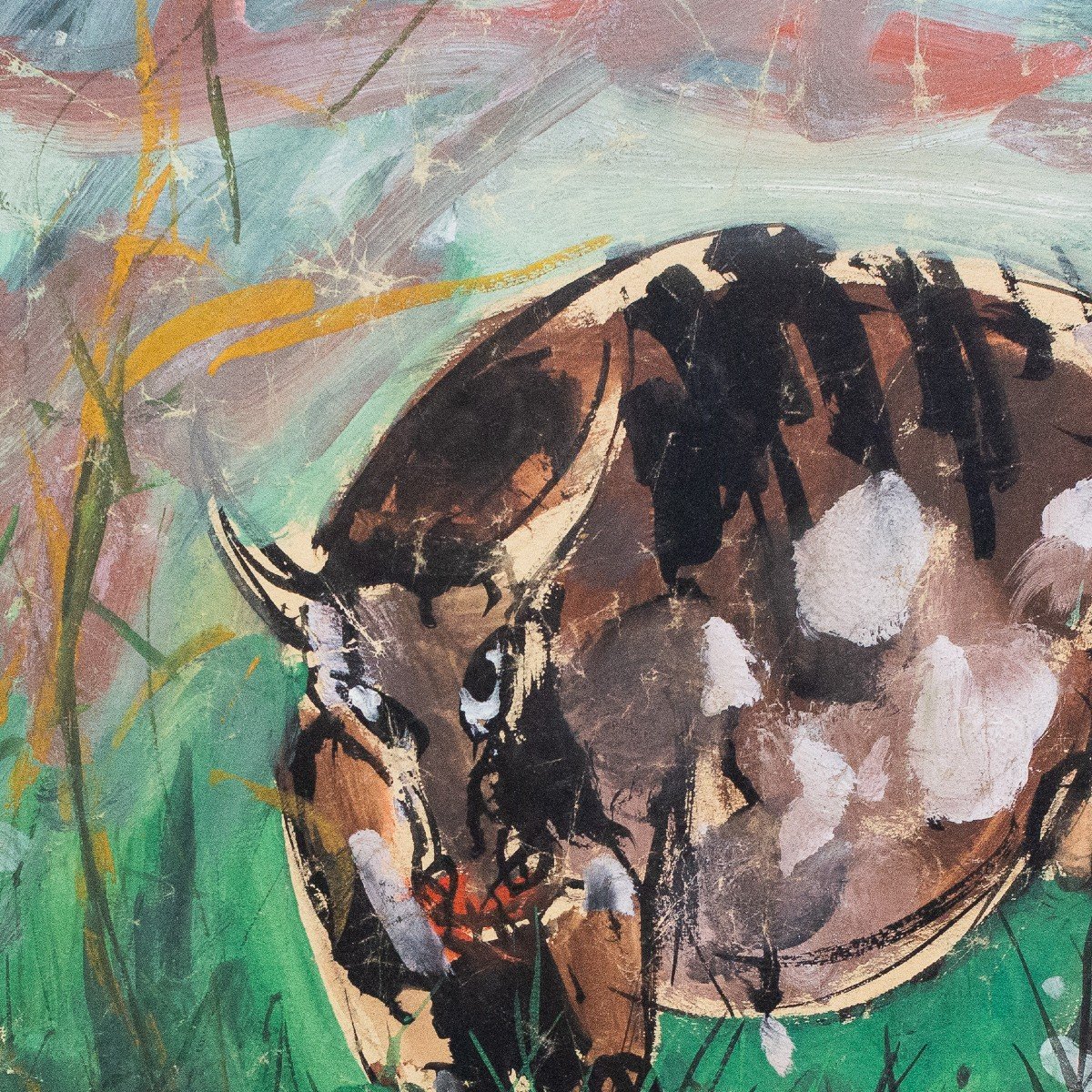 Luigi Spazzapan, "the Bull," Tempera On Cardboard, First Half Of The 20th Century-photo-2