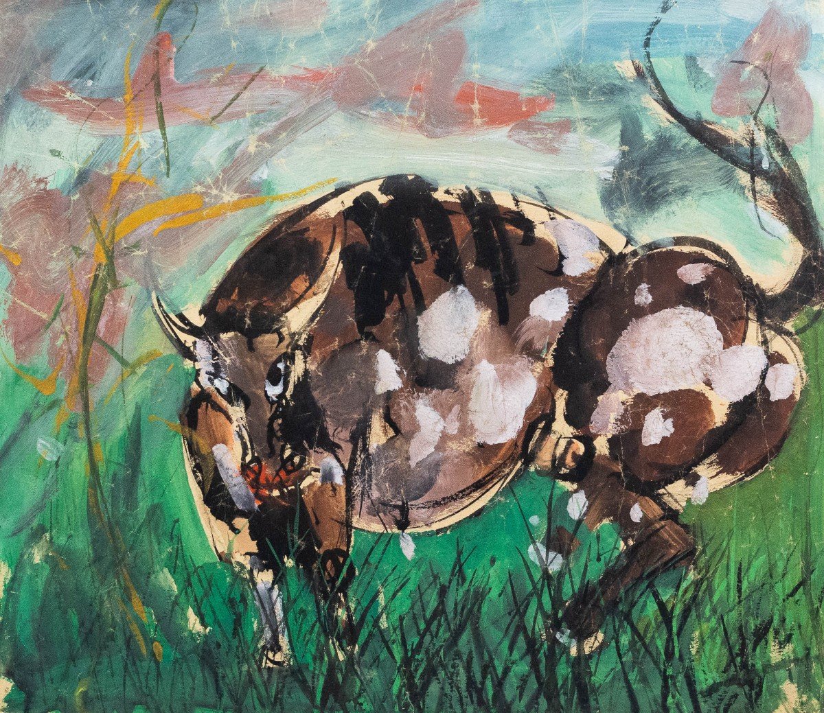 Luigi Spazzapan, "the Bull," Tempera On Cardboard, First Half Of The 20th Century