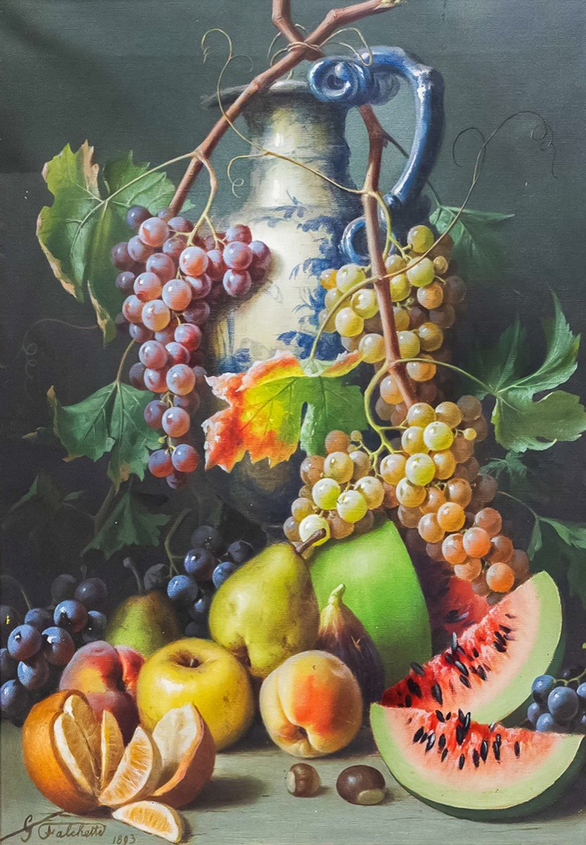 Giuseppe Falchetti, Huile Sur Toile, « Nature Morte Aux Fruits », Signée, 1893