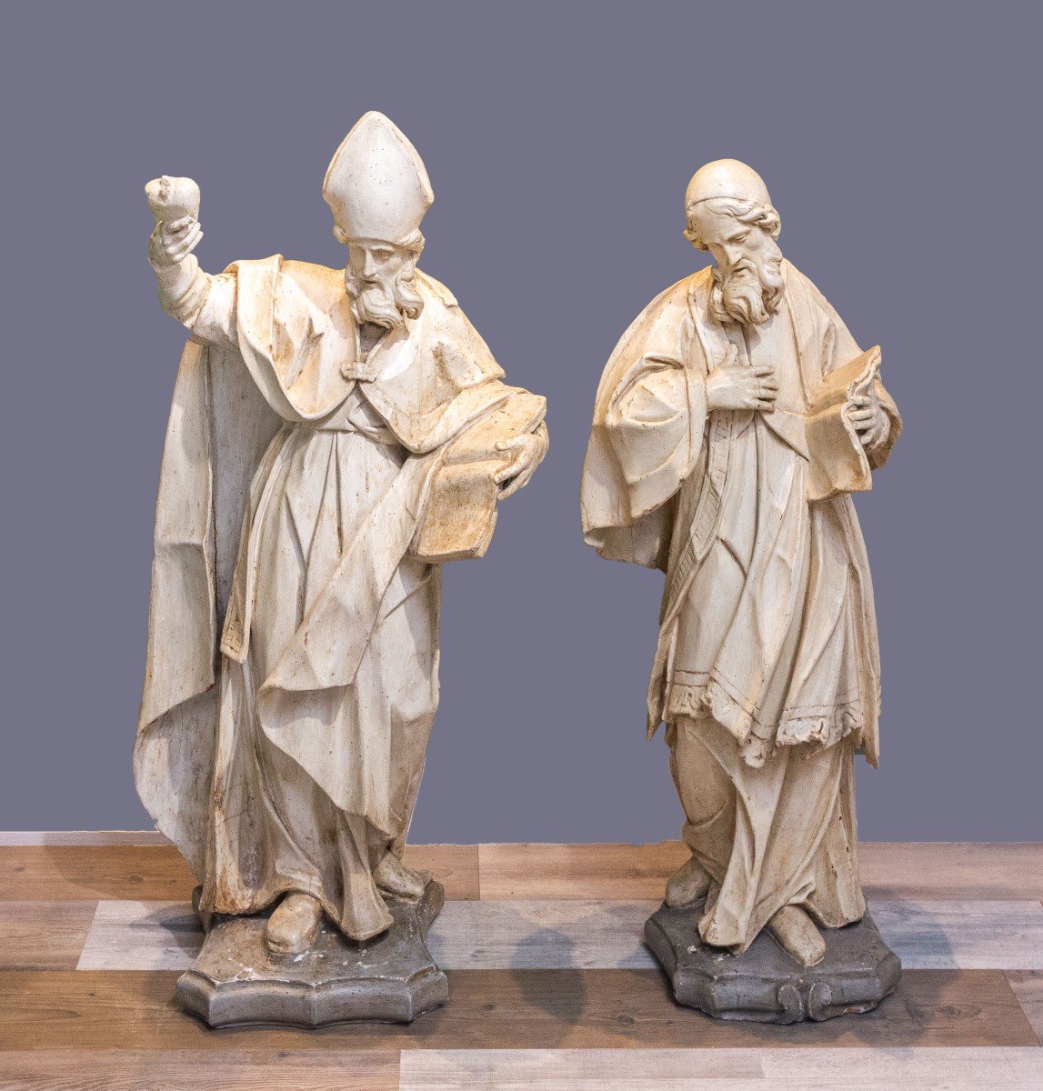 Pair Of Large Wooden Sculptures, “st. Honoratus” And “st. Louis,” 17th Century Era