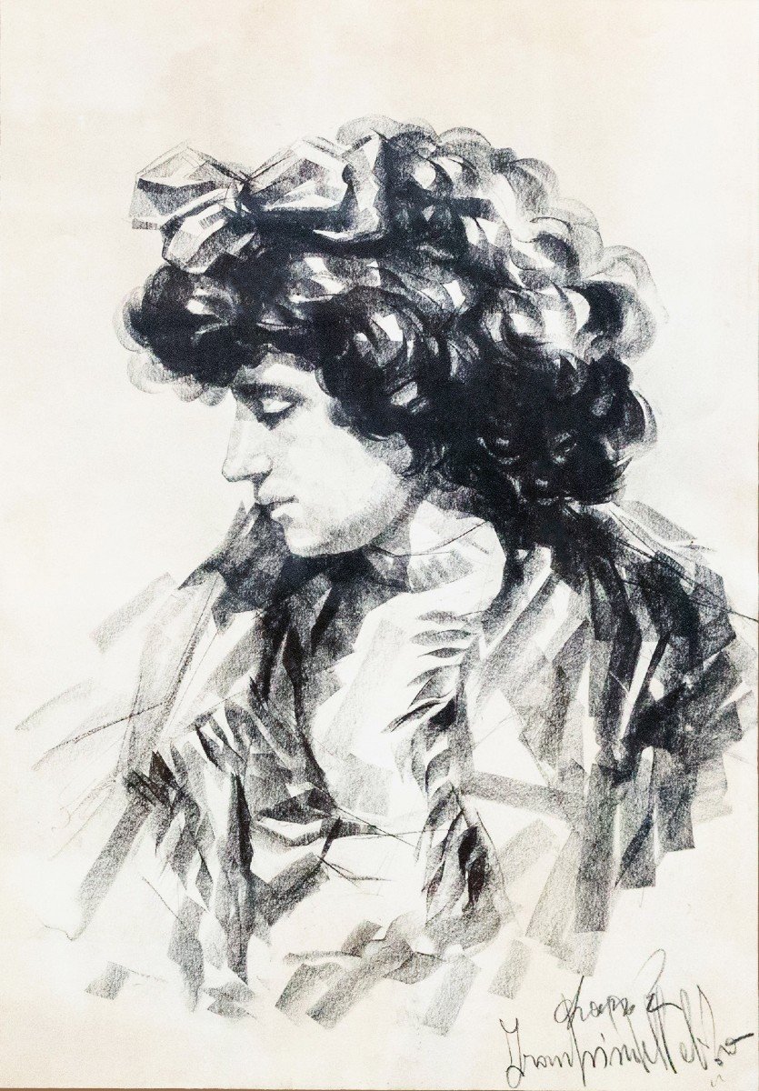 Sandrùn (f. Barbera), “la Giovinetta” - Charcoal On Paper, Signed, Mid-20th Century