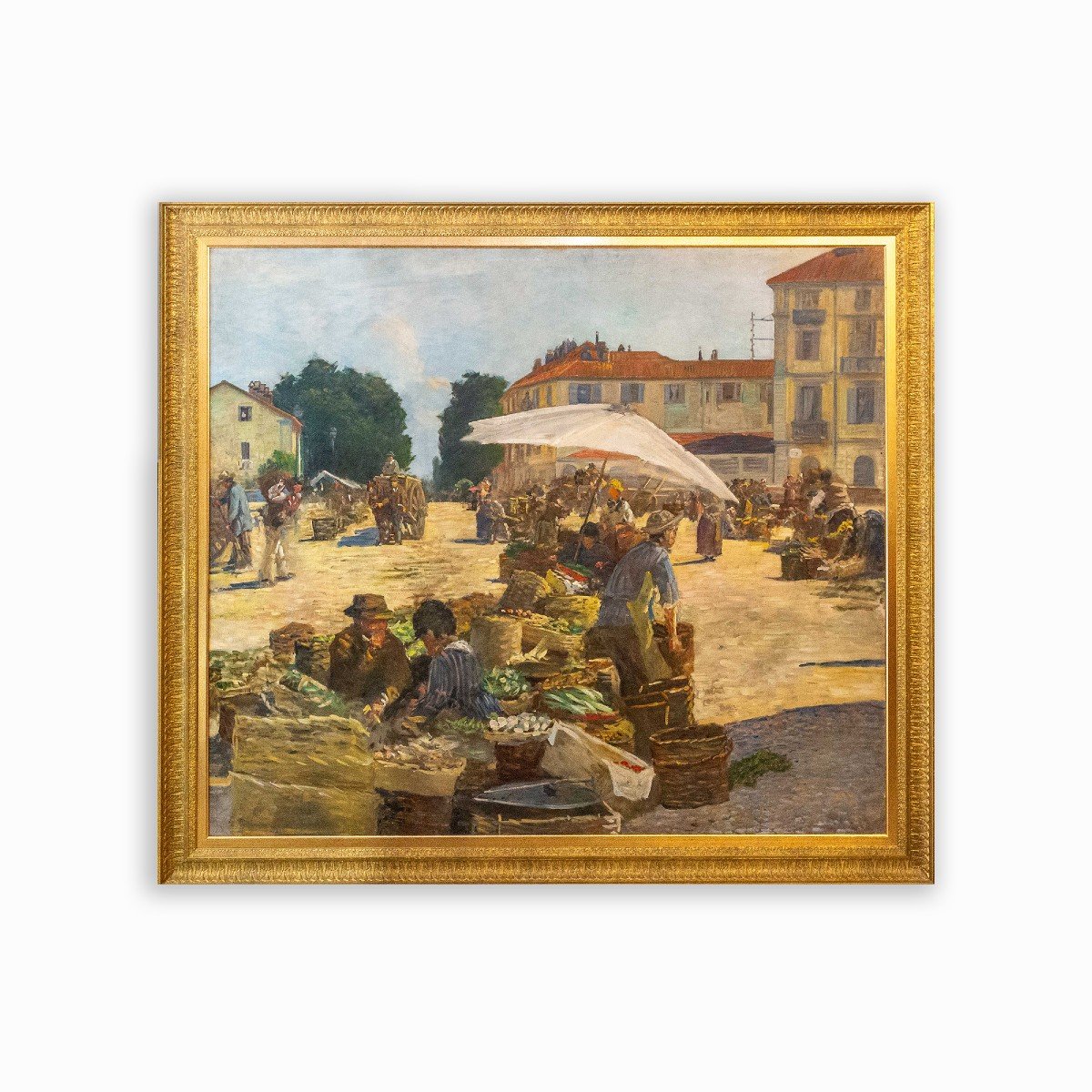 Large Painting, By Pugliese Levi Clemente, “mercato Di Porta Palazzo” - Turin, Signed, 1920-photo-2