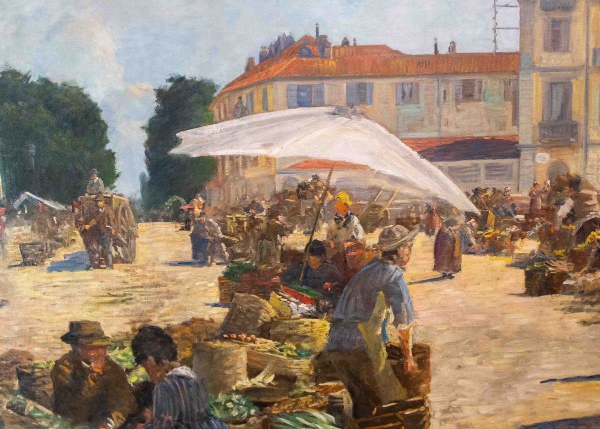 Large Painting, By Pugliese Levi Clemente, “mercato Di Porta Palazzo” - Turin, Signed, 1920-photo-2