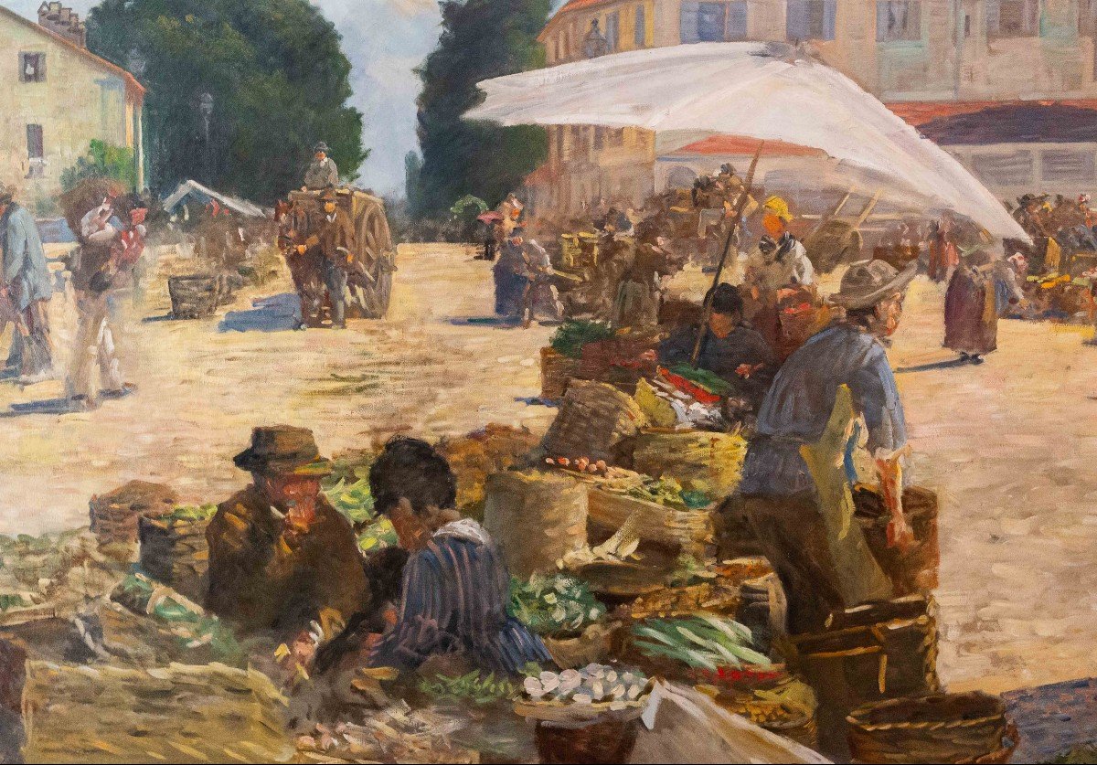 Large Painting, By Pugliese Levi Clemente, “mercato Di Porta Palazzo” - Turin, Signed, 1920-photo-3