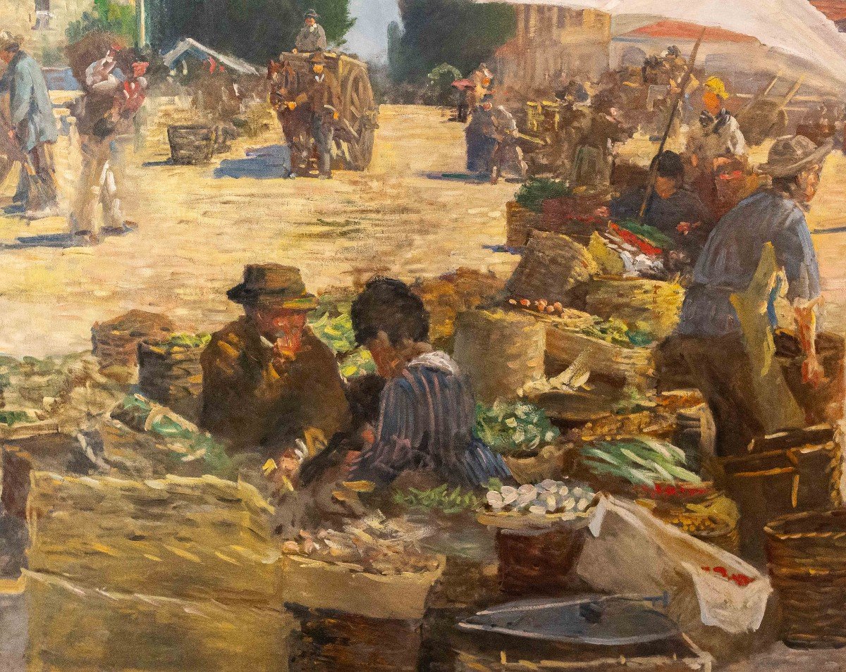 Large Painting, By Pugliese Levi Clemente, “mercato Di Porta Palazzo” - Turin, Signed, 1920-photo-4