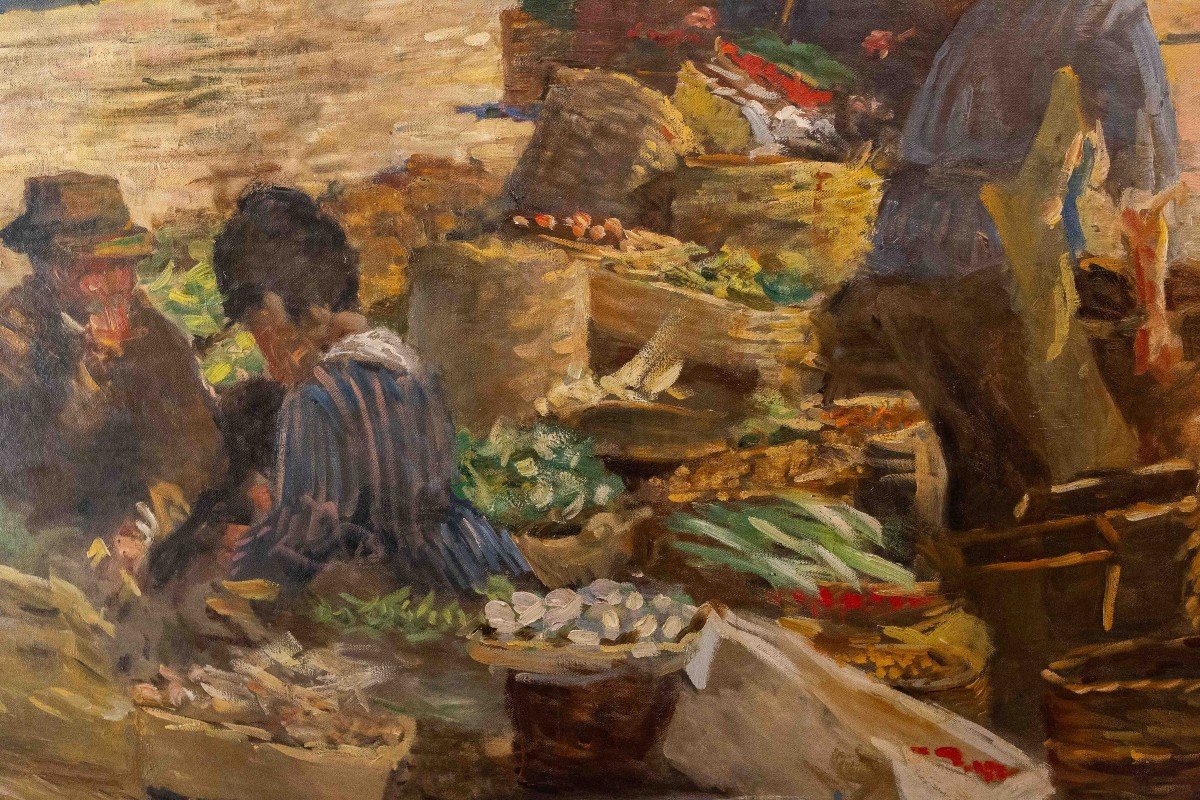 Large Painting, By Pugliese Levi Clemente, “mercato Di Porta Palazzo” - Turin, Signed, 1920-photo-6