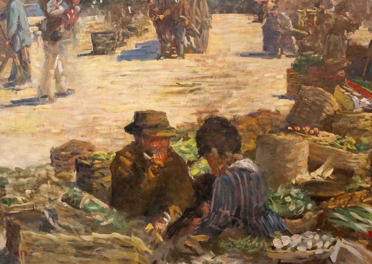 Large Painting, By Pugliese Levi Clemente, “mercato Di Porta Palazzo” - Turin, Signed, 1920-photo-8