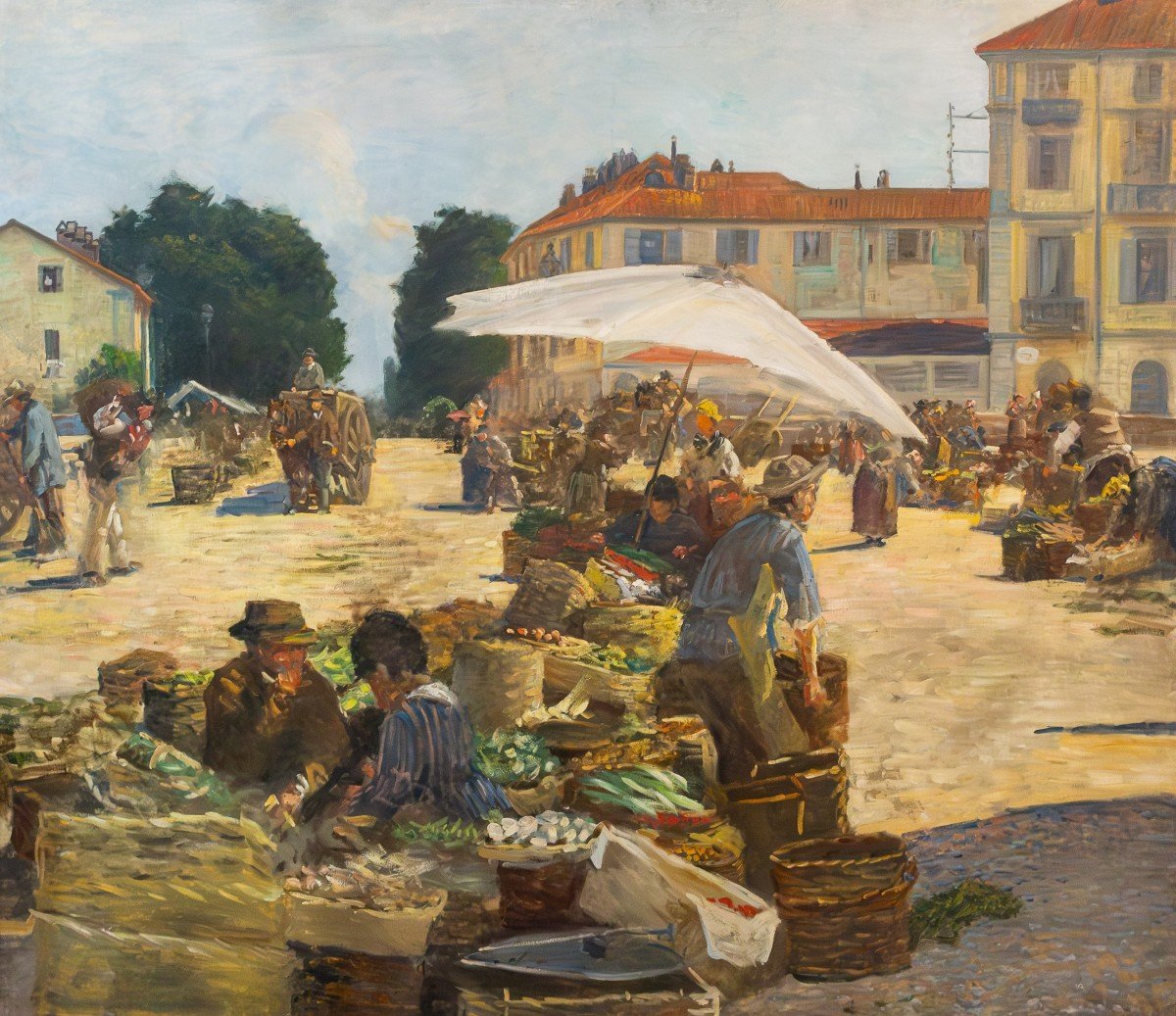 Large Painting, By Pugliese Levi Clemente, “mercato Di Porta Palazzo” - Turin, Signed, 1920