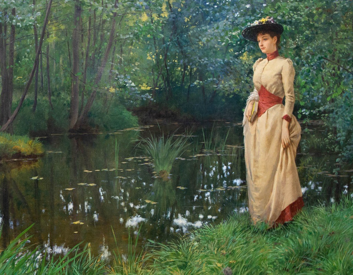 Carlo Pollonera, Oil On Canvas, “la Quiete,” Signed, 1890-photo-3