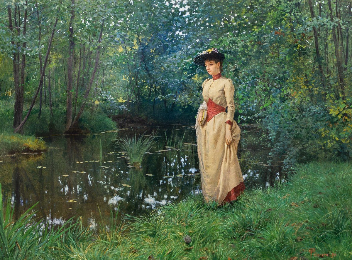 Carlo Pollonera, Oil On Canvas, “la Quiete,” Signed, 1890-photo-3