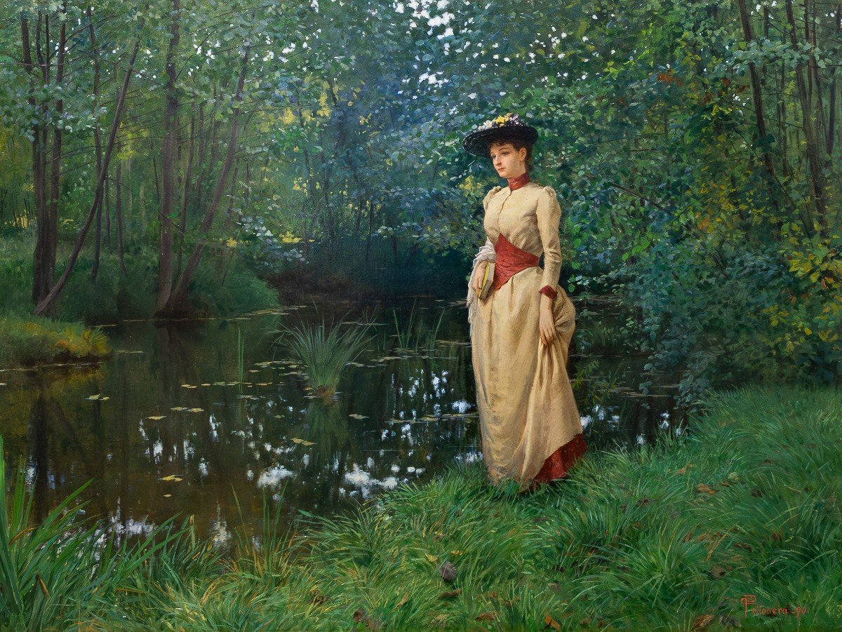 Carlo Pollonera, Oil On Canvas, “la Quiete,” Signed, 1890