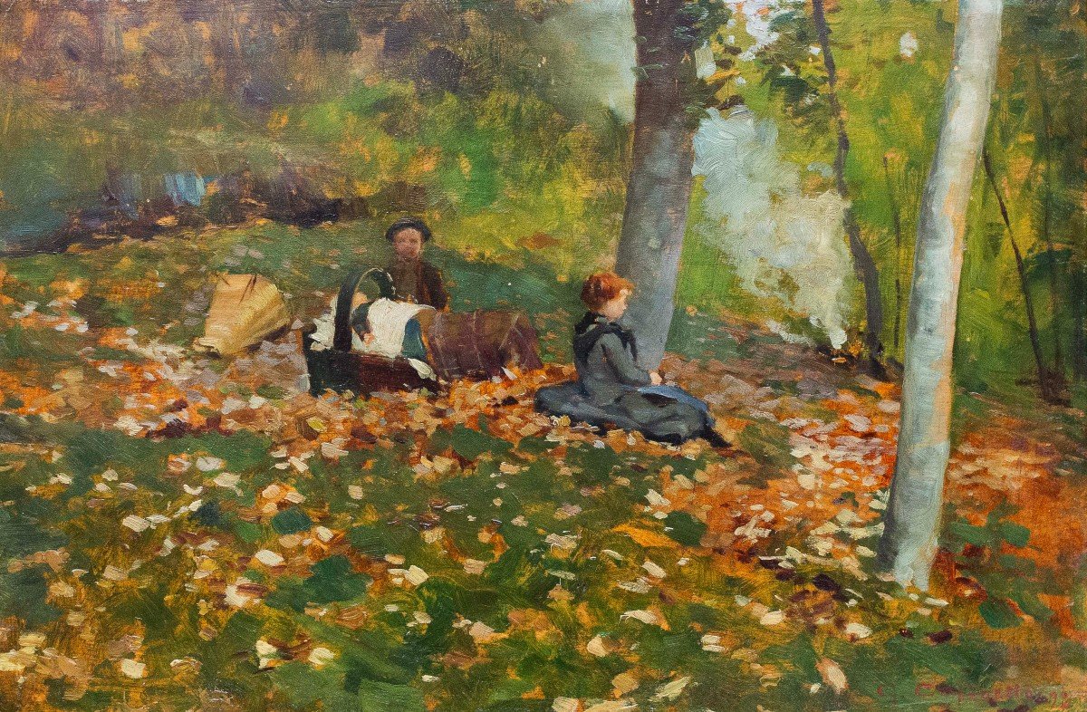 Giovanni Carpanetto, « Dans Les Bois d'Octobre », Huile Sur Panneau, Signée, 1892