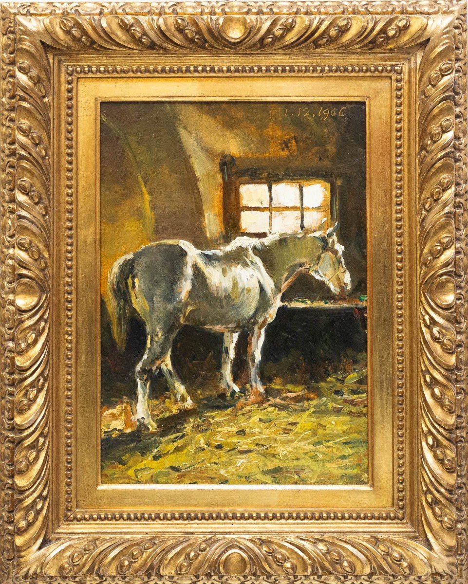 Lorenzo Delleani, Huile Sur Panneau, « Cheval à l'écurie », 1906-photo-2