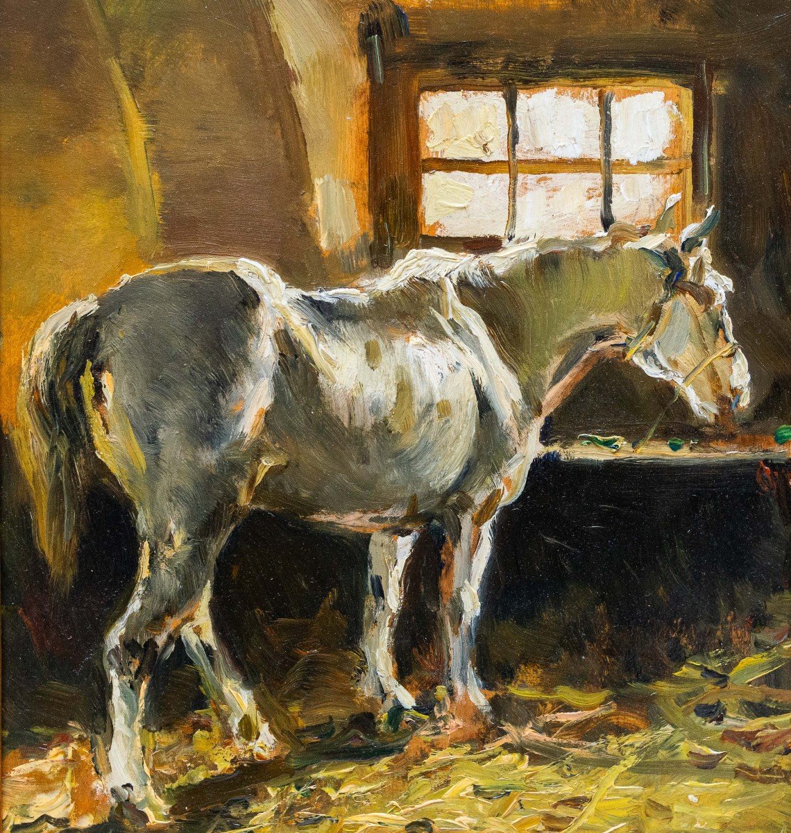 Lorenzo Delleani, Huile Sur Panneau, « Cheval à l'écurie », 1906-photo-1