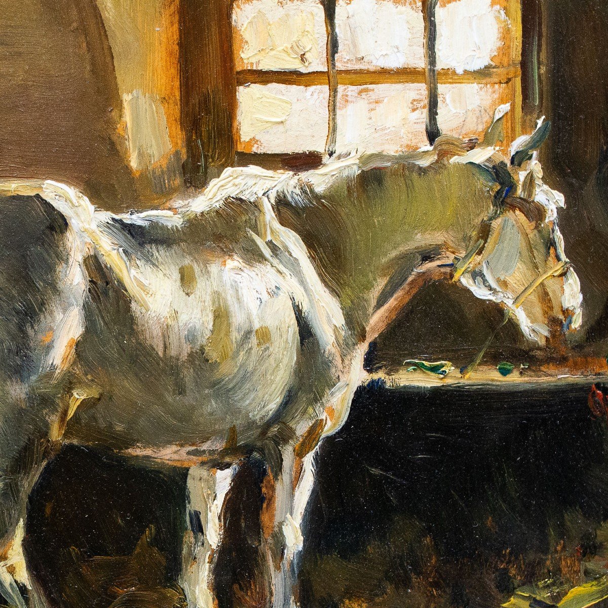 Lorenzo Delleani, Huile Sur Panneau, « Cheval à l'écurie », 1906-photo-2