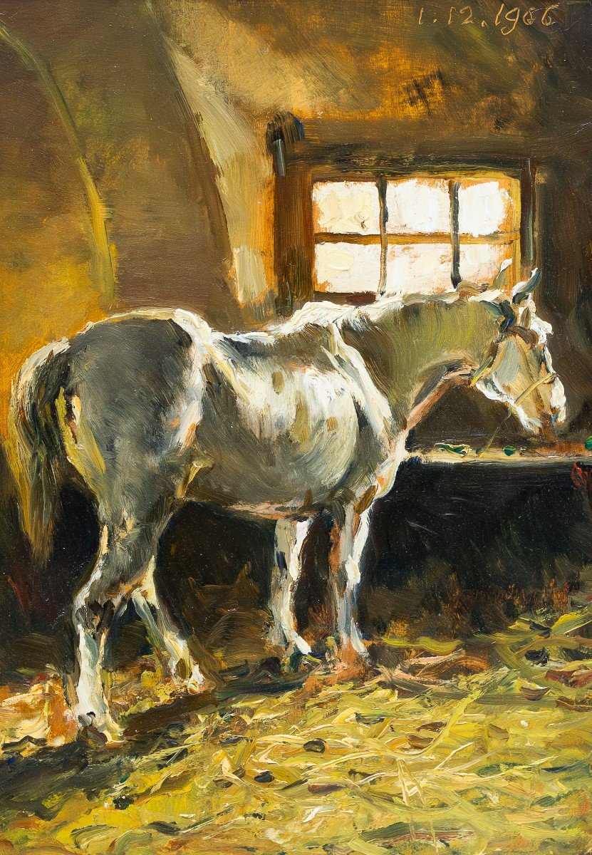 Lorenzo Delleani, Huile Sur Panneau, « Cheval à l'écurie », 1906