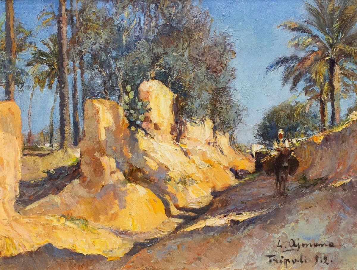 Oil On Panel, By Lidio Ajmone, “tripoli,” Signed, 1912