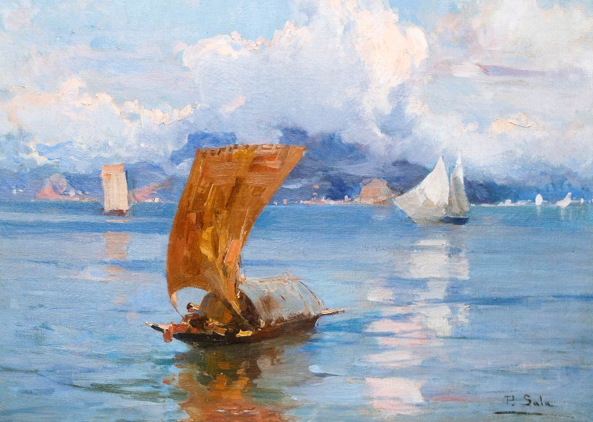 Paolo Sala, « Marina Ligure », Huile Sur Toile, Signée, Début Du 20e Siècle-photo-1