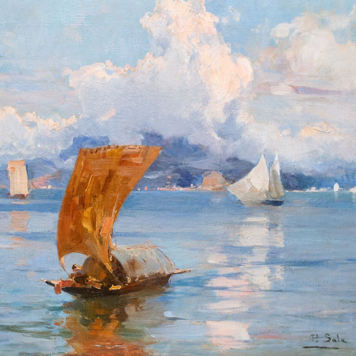 Paolo Sala, « Marina Ligure », Huile Sur Toile, Signée, Début Du 20e Siècle-photo-3