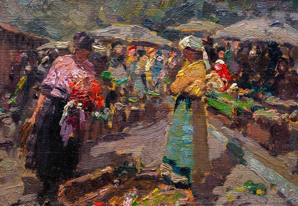 Huile Sur Panneau, Par Alessandro Lupo, « Marché à Turin », Signée Au Dos, 1915-photo-2