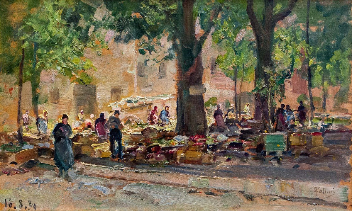 Carlo Follini, “market Scene,” Oil On Panel, Signed And Dated 1930-photo-1