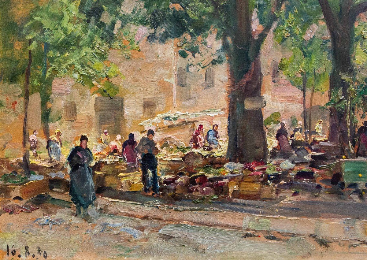 Carlo Follini, “market Scene,” Oil On Panel, Signed And Dated 1930-photo-2