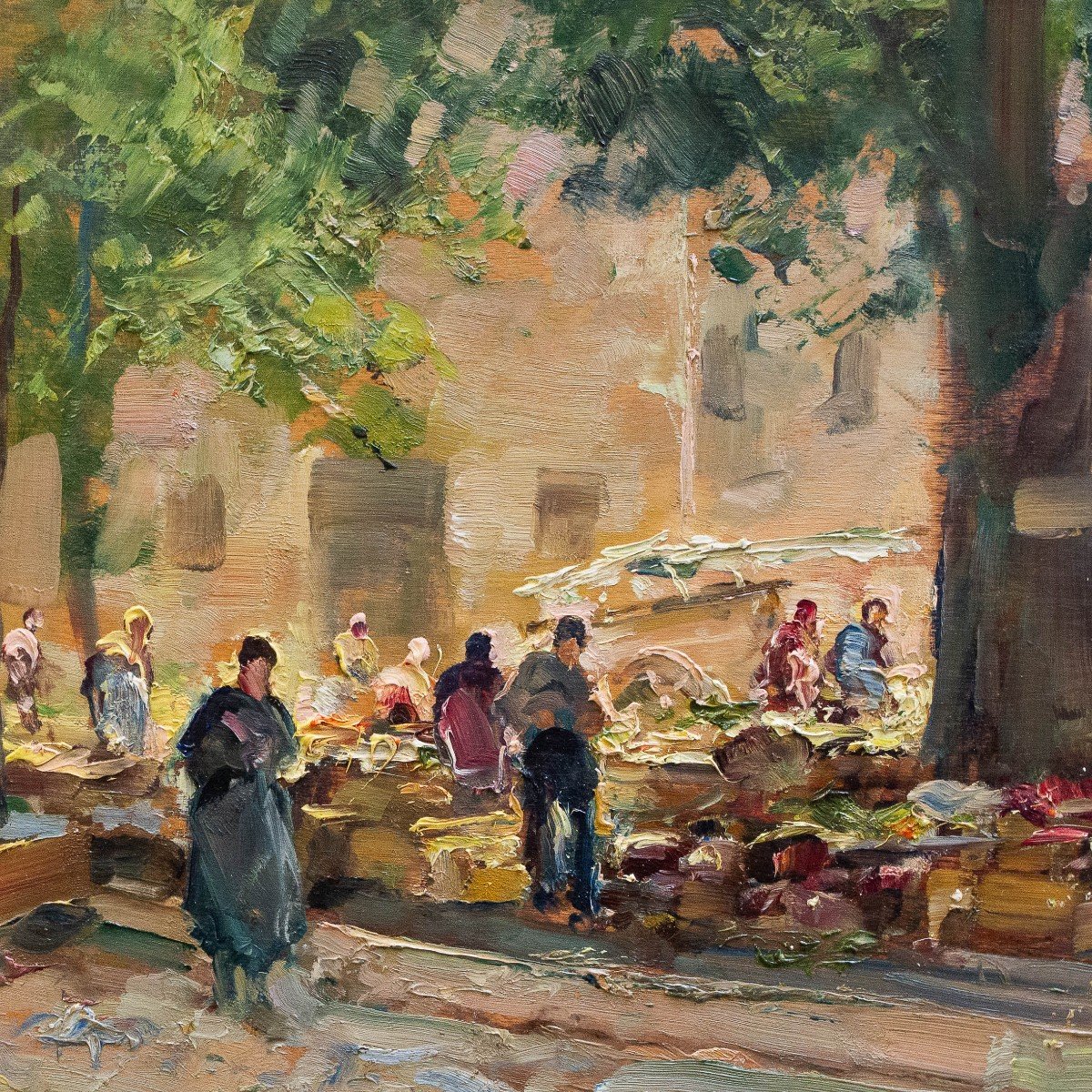 Carlo Follini, “market Scene,” Oil On Panel, Signed And Dated 1930-photo-3