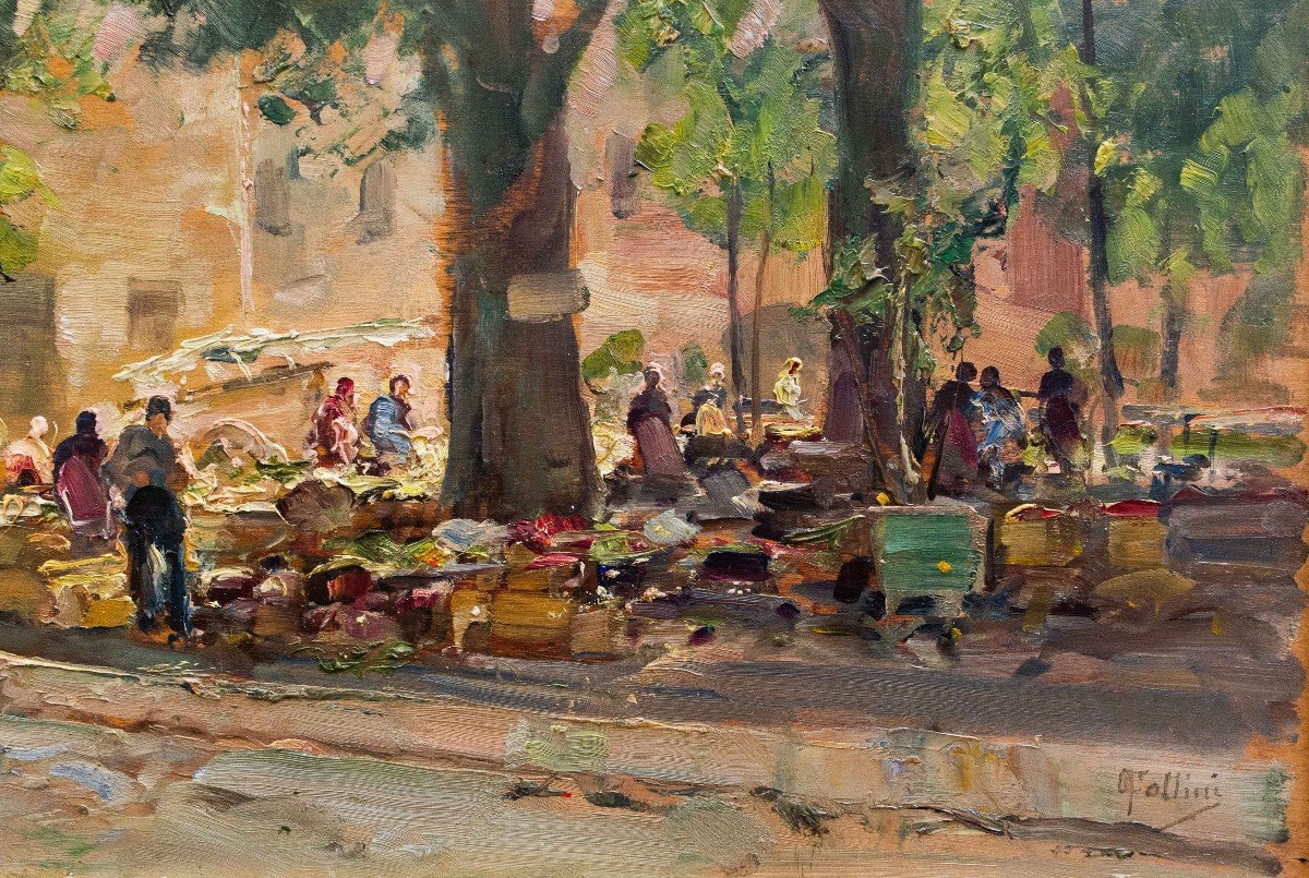 Carlo Follini, “market Scene,” Oil On Panel, Signed And Dated 1930-photo-4