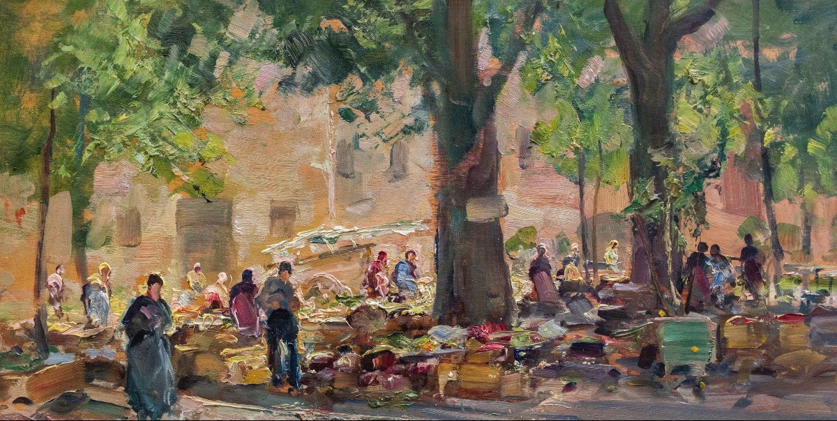 Carlo Follini, “market Scene,” Oil On Panel, Signed And Dated 1930-photo-5