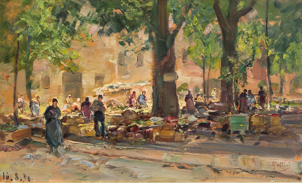 Carlo Follini, “market Scene,” Oil On Panel, Signed And Dated 1930