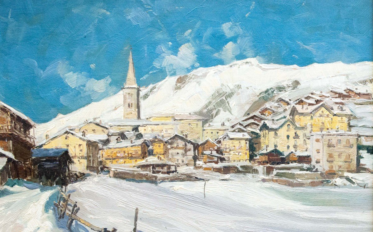 Giuseppe Gheduzzi, « Neige à Valtournenche », Huile Sur Panneau, Signée, XXe Siècle-photo-2