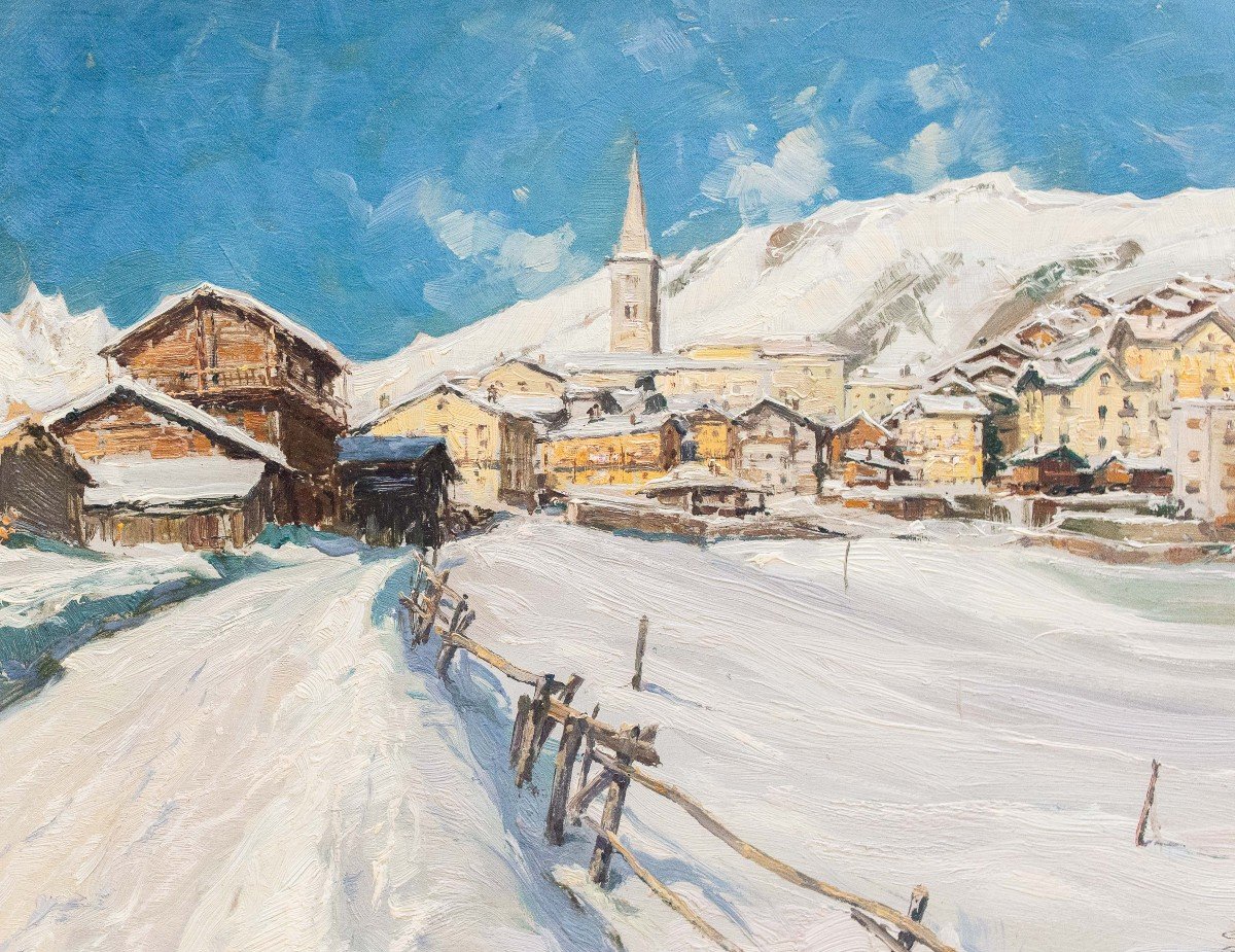 Giuseppe Gheduzzi, « Neige à Valtournenche », Huile Sur Panneau, Signée, XXe Siècle-photo-4