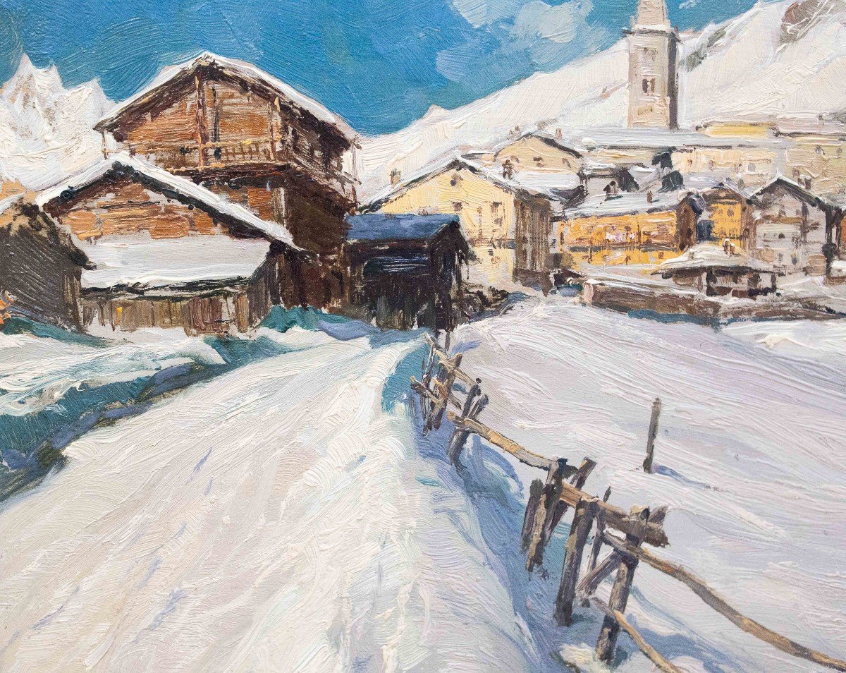 Giuseppe Gheduzzi, « Neige à Valtournenche », Huile Sur Panneau, Signée, XXe Siècle-photo-6