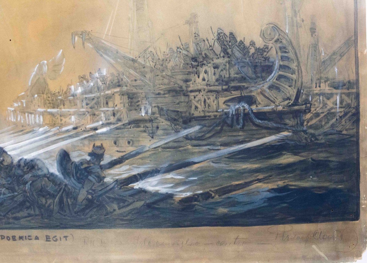 Rodolfo Claudus, « La Première Victoire Maritime De Rome », Technique Mixte, Signé, Début Du XX-photo-1