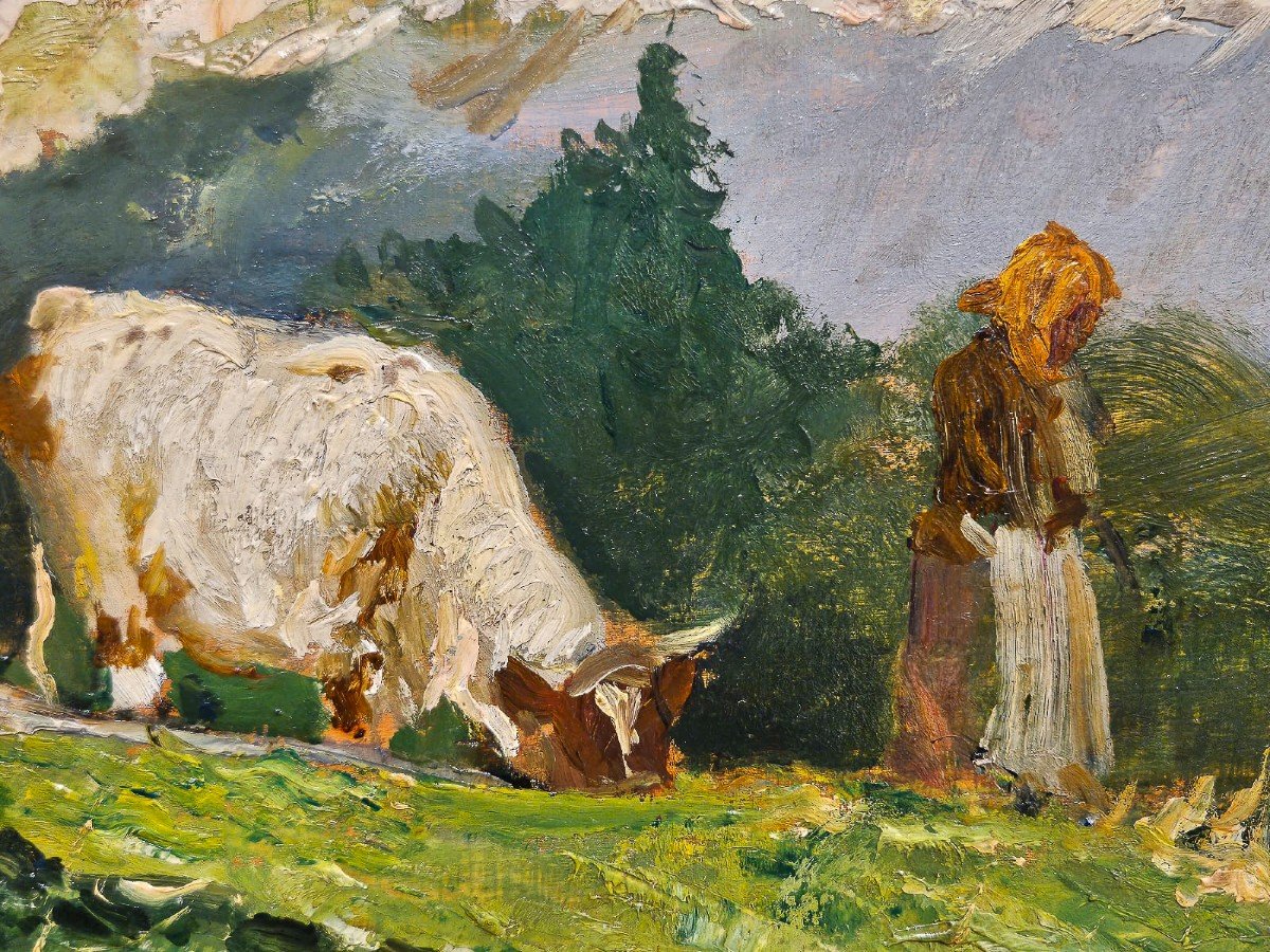 Lorenzo Delleani, « Vaches Broutant Dans Les Montagnes », Huile Sur Panneau, 20.8.1903-photo-1