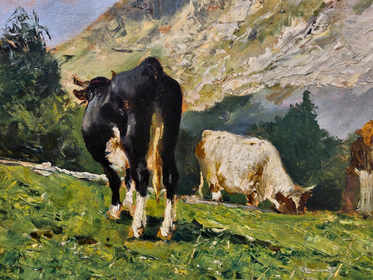 Lorenzo Delleani, « Vaches Broutant Dans Les Montagnes », Huile Sur Panneau, 20.8.1903-photo-2