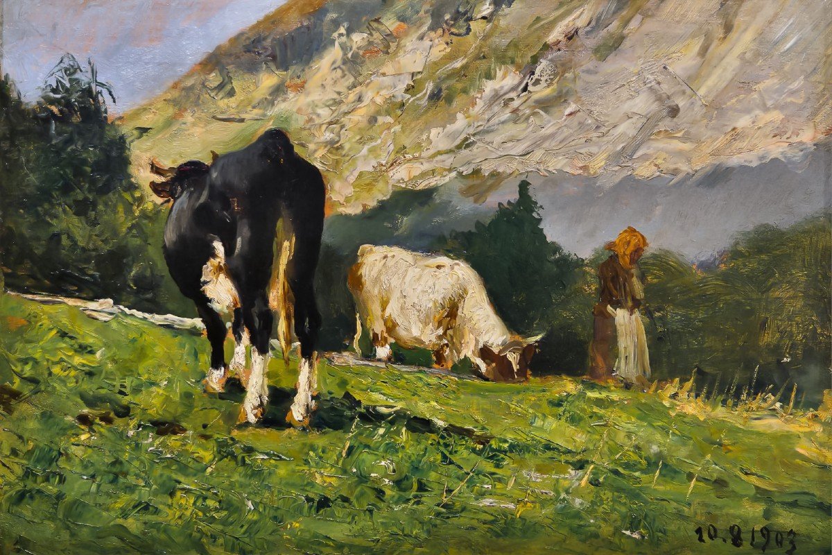 Lorenzo Delleani, « Vaches Broutant Dans Les Montagnes », Huile Sur Panneau, 20.8.1903