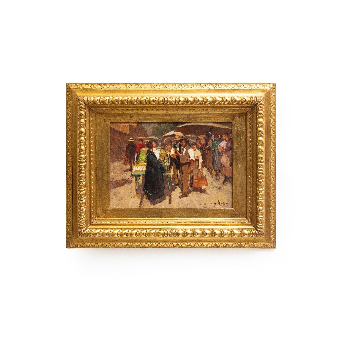 Alessandro Lupo, “market Scene,” Oil On Cardboard, 1900s Era-photo-2