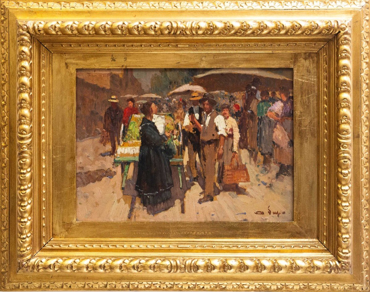 Alessandro Lupo, “market Scene,” Oil On Cardboard, 1900s Era-photo-1