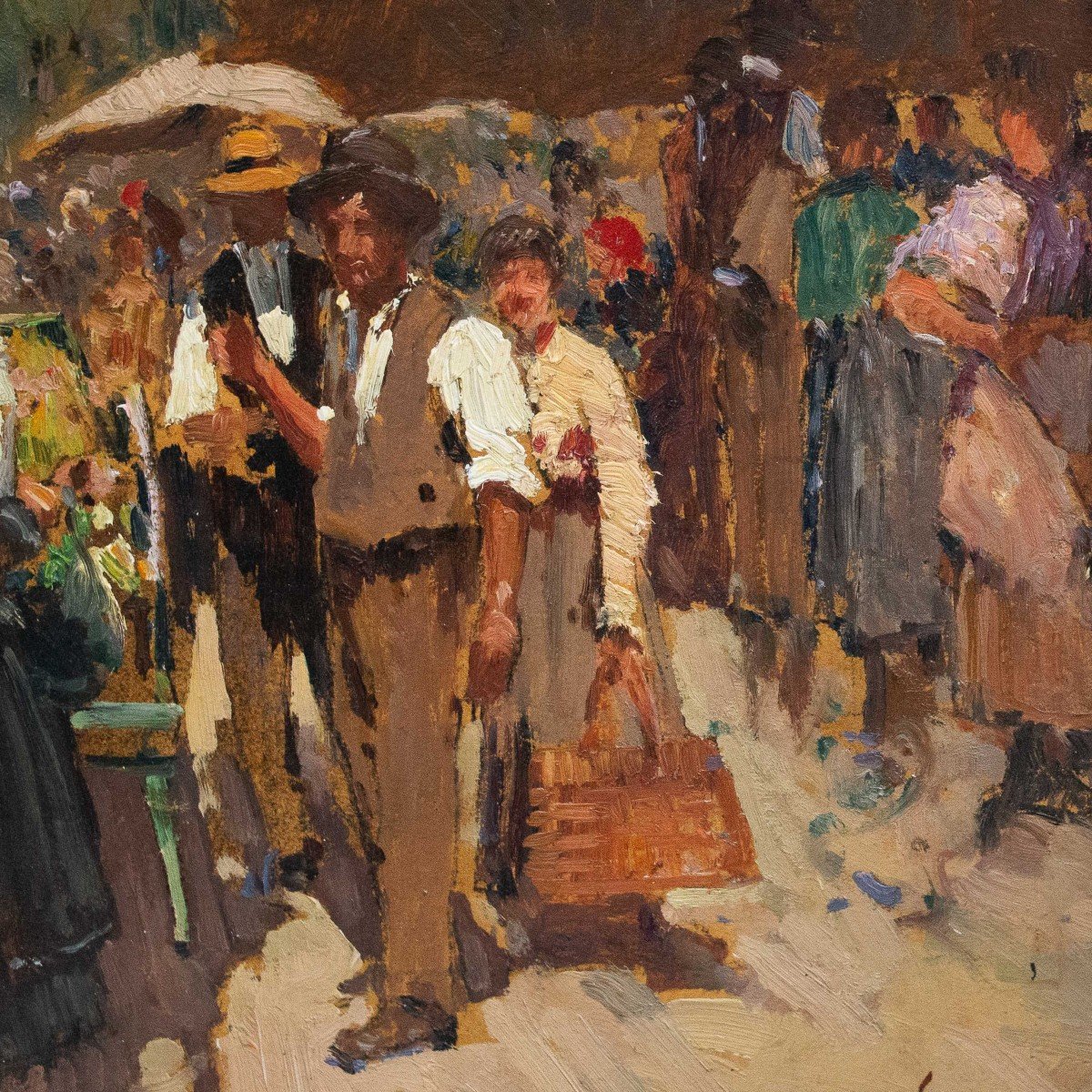 Alessandro Lupo, “market Scene,” Oil On Cardboard, 1900s Era-photo-2