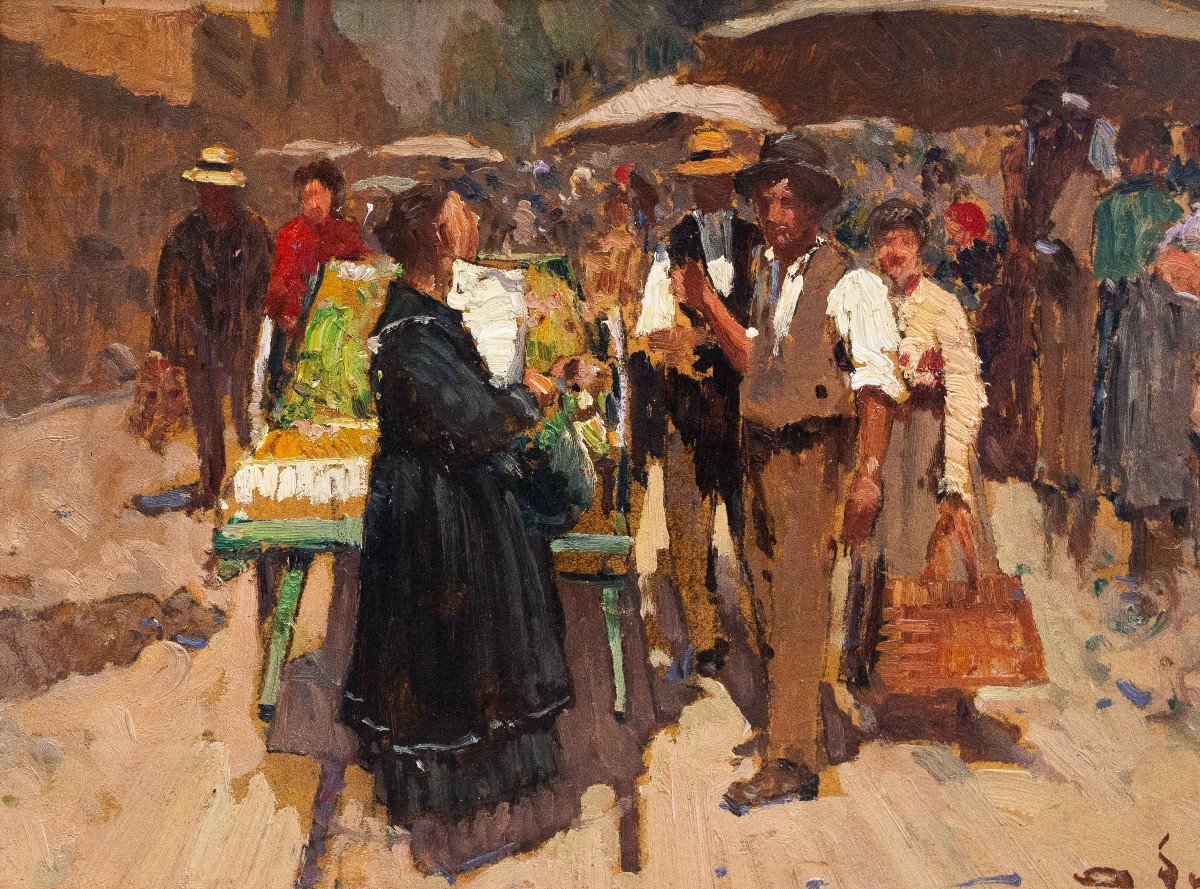 Alessandro Lupo, “market Scene,” Oil On Cardboard, 1900s Era-photo-3