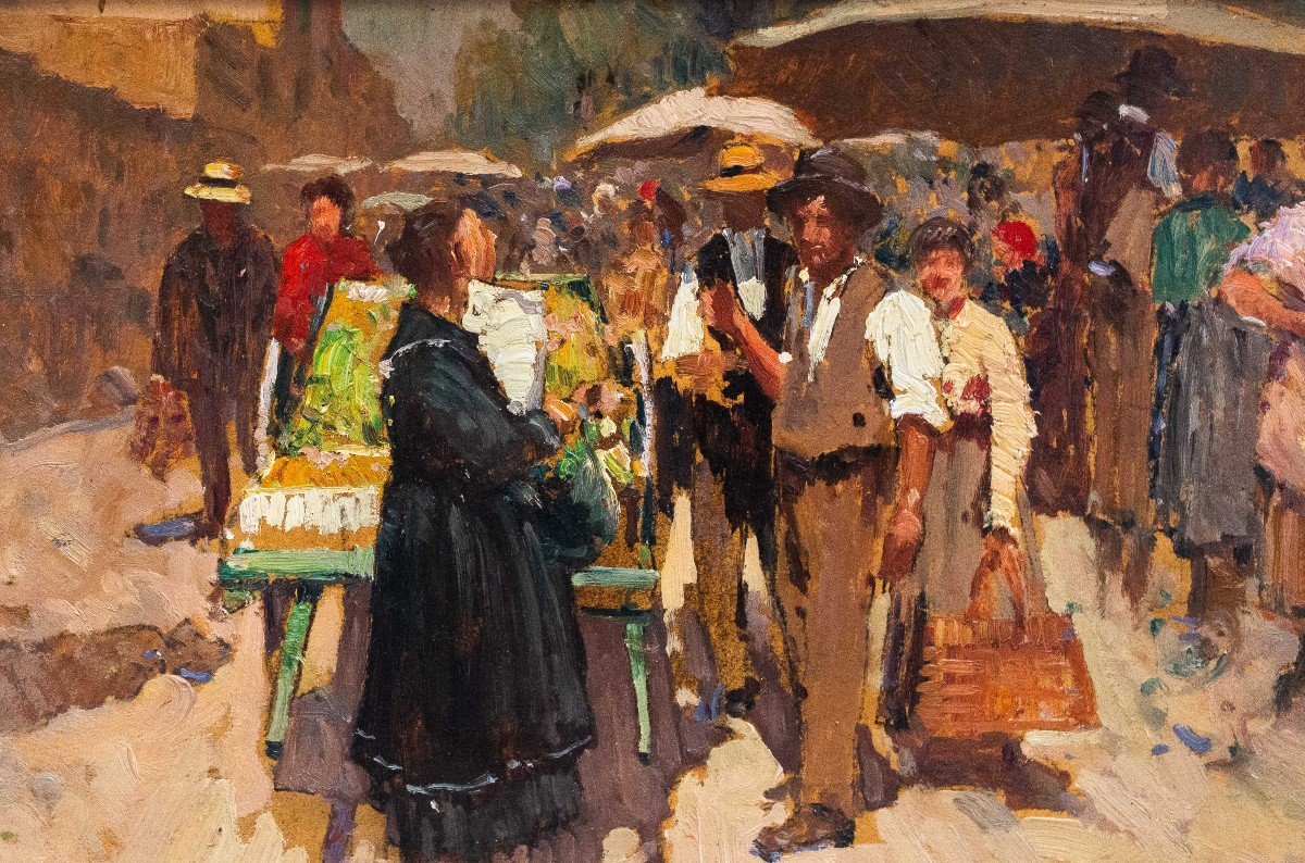 Alessandro Lupo, “market Scene,” Oil On Cardboard, 1900s Era-photo-4